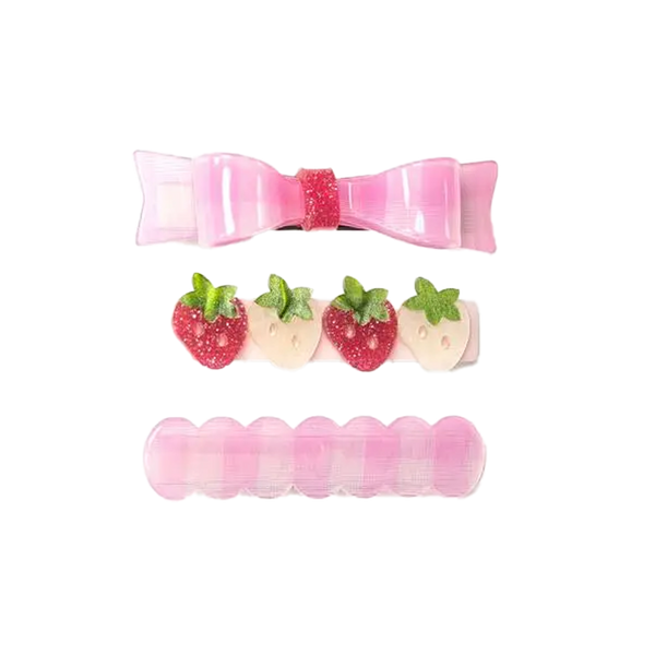 Pink Checked Bow+Strawberries Alligator Clips Set/3