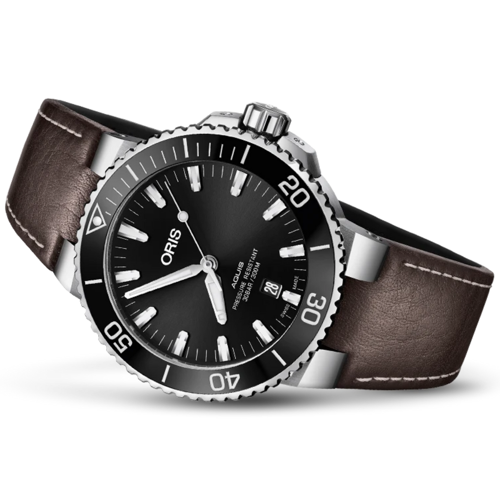 Oris Aquis Date 43.5mm Black Dial Leatherstrap dark brown The