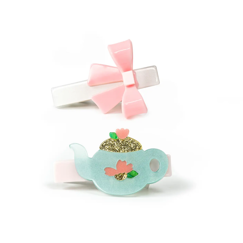Tea Pot and Pink Bow Hair Clips