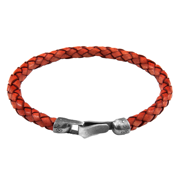 Amber Red Silver & Braided Leather Bracelet