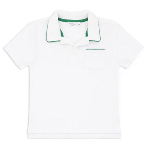 Boys White French Terry Polo with Bermuda Green Trim