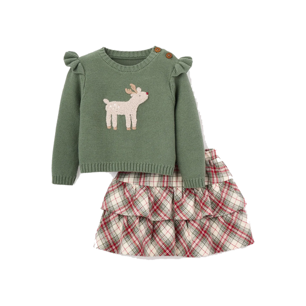 REINDEER SWEATER + WINTER TARTAN SKIRT SET