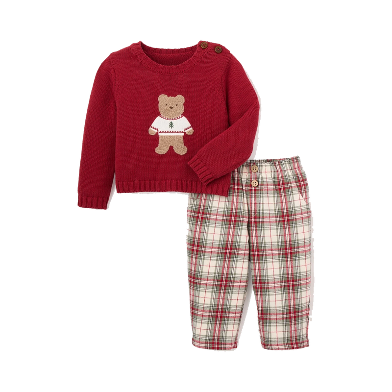 BEAR SWEATER + WINTER TARTAN PANT SET