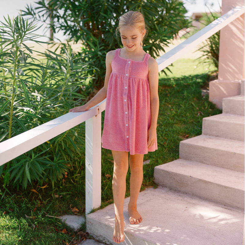 Girls Pink Sands French Terry Square Neck Button Up Dress