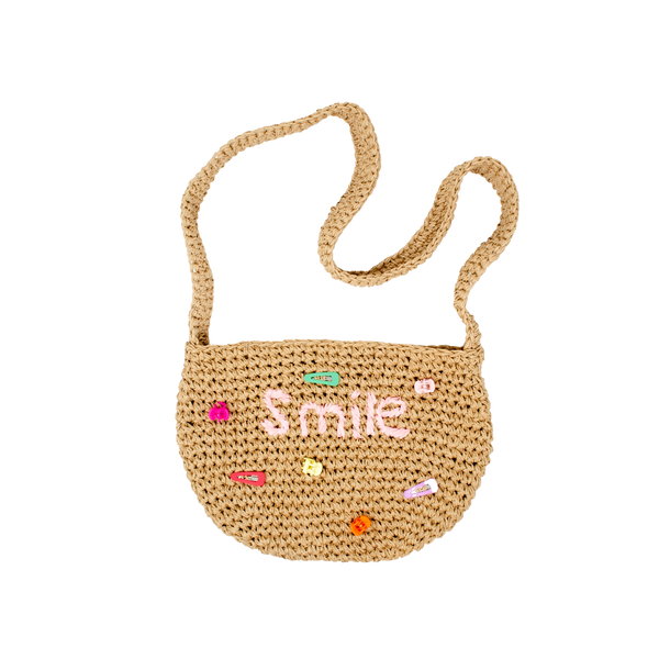 Girls Crossbody Woven Straw Message Charm Tote