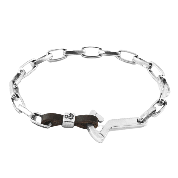 Dark Brown Frigate Anchor Silver and Flat Leather Bracelet