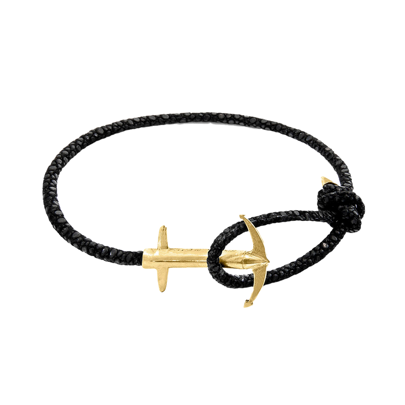 Raven Black Admiral Anchor 9ct Yellow Gold & Stingray Leather Bracelet