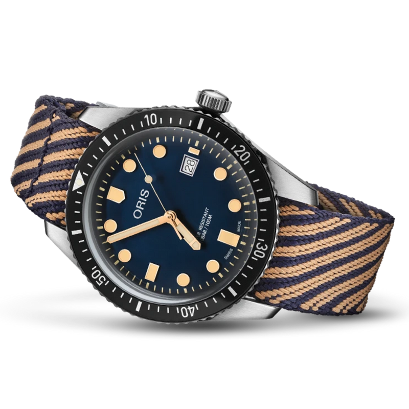 ORIS TEXTILE RECYCLED STRAP BLUE TAN DIVER SIXTYFIVE