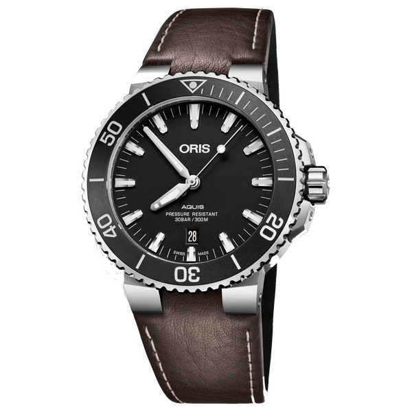 Oris Aquis Date, 43.5mm, Black Dial, Leatherstrap dark brown