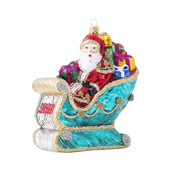 Berry & Thread Santa in Sleigh Glass Ornament