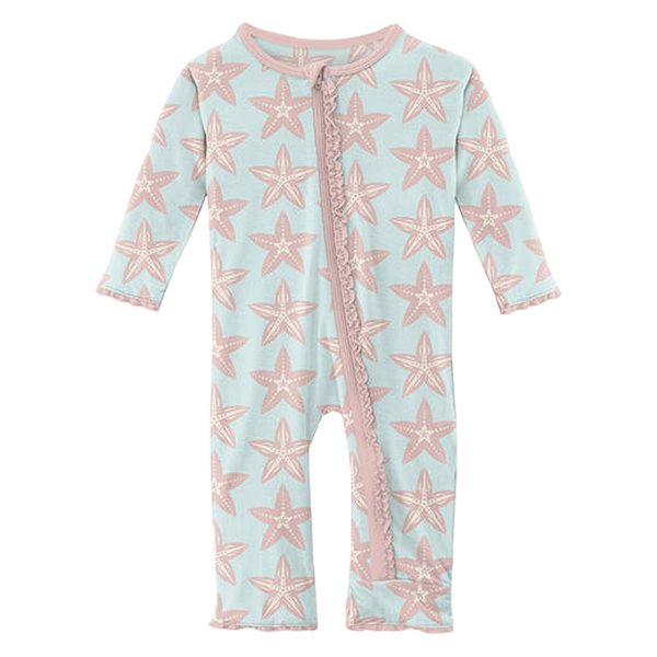 Starfish Print Classic Ruffle Coverall with Zipper